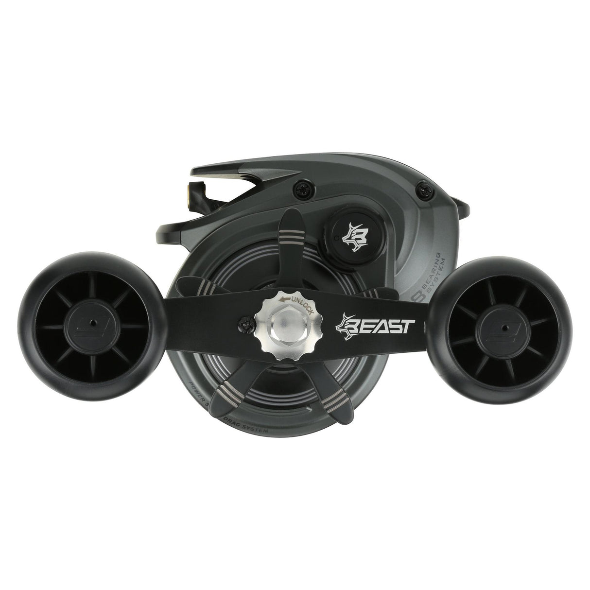 Abu Garcia Beast 400 low profile baitcasting reel, left-hand retrieve — top view