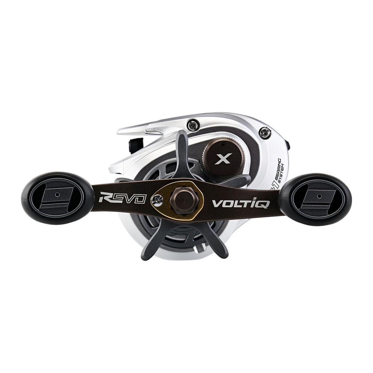 Abu Garcia Revo X VoltiQ low profile baitcasting reel, left-hand retrieve — top view