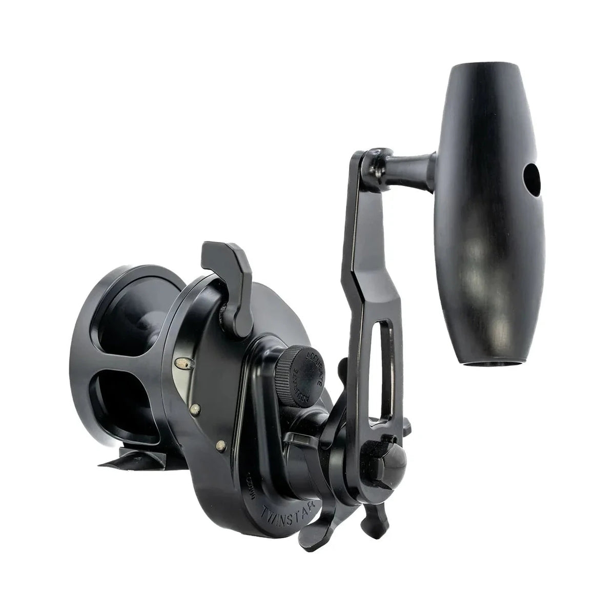 Accurate Ascender 300 jigging reel, angled view of the handle side and power knob