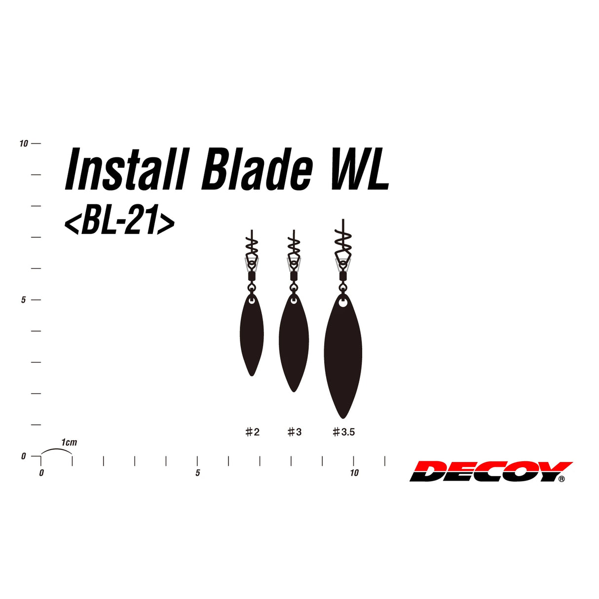 Decoy BL-21S Install Blade WL size chart — #2, #3 and #3.5 willow leaf blades to scale