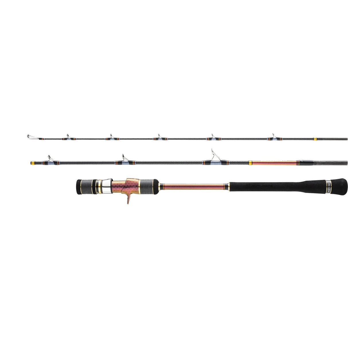 Hearty Rise Slow Jigging IV Travel rod broken down into its three sections next to the assembled butt section