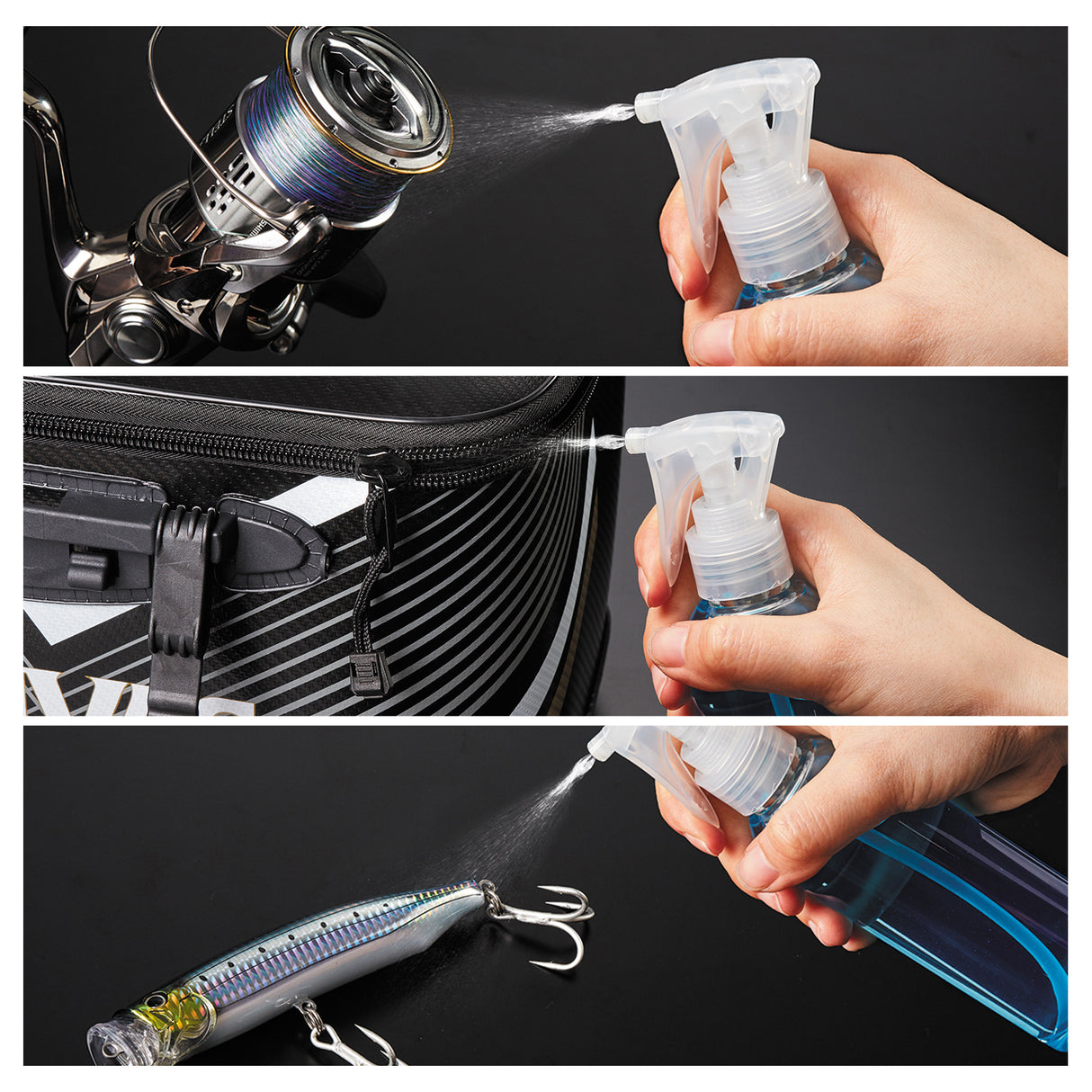 Varivas Salt Neutralizing Spray used on a reel, tackle bag zipper, and lure
