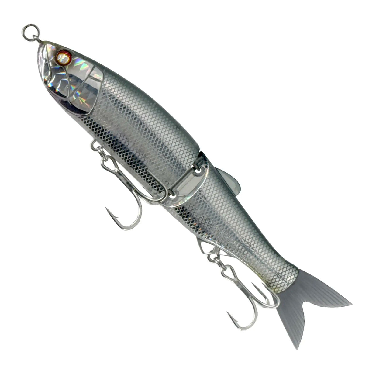 Fishing lure resembling a silver fish on a white background