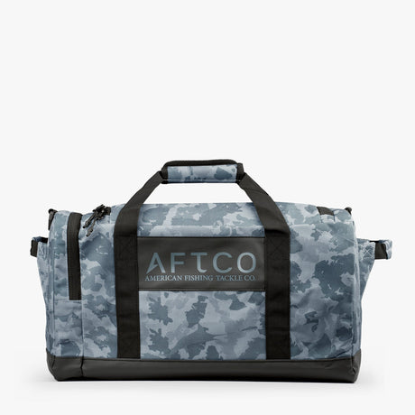 AFTCO Boat Bag 65L in Navy Grander Camo — three-quarter view