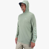 AFTCO Samurai sun protection hooded shirt in Olive Heather — front, worn with hood up
