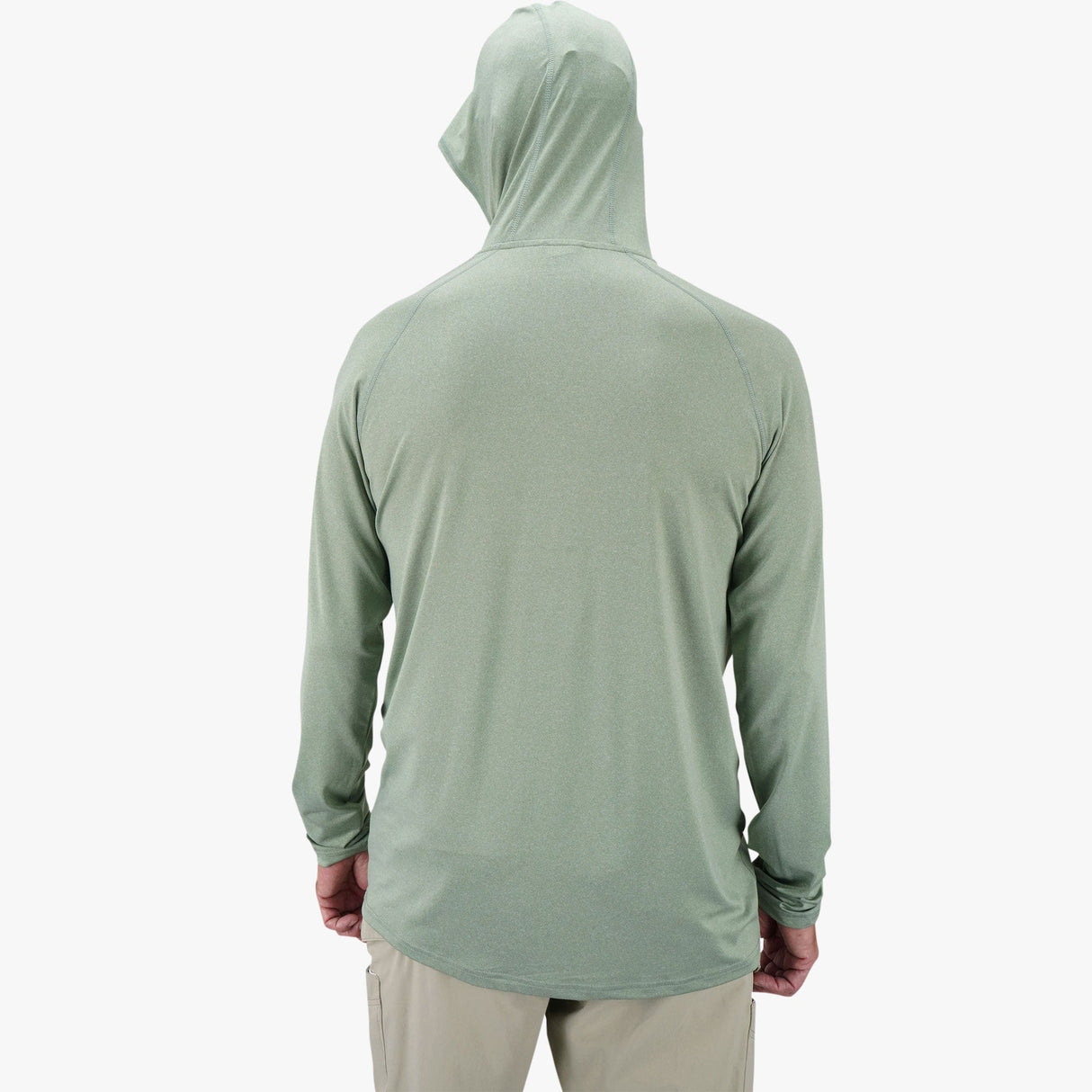 AFTCO Samurai sun protection hooded shirt in Olive Heather — back, hood up