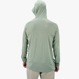 AFTCO Samurai sun protection hooded shirt in Olive Heather — back, hood up