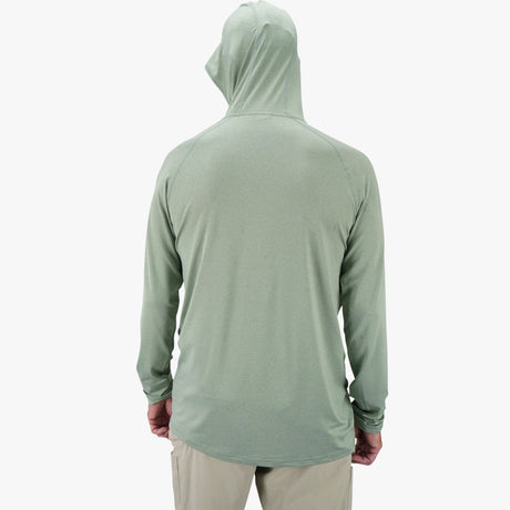 AFTCO Samurai sun protection hooded shirt in Olive Heather — back, hood up