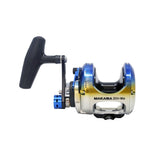 Okuma Makaira Yellowfin Tuna Special Edition two-speed lever drag reel — custom yellowfin anodized finish, front view