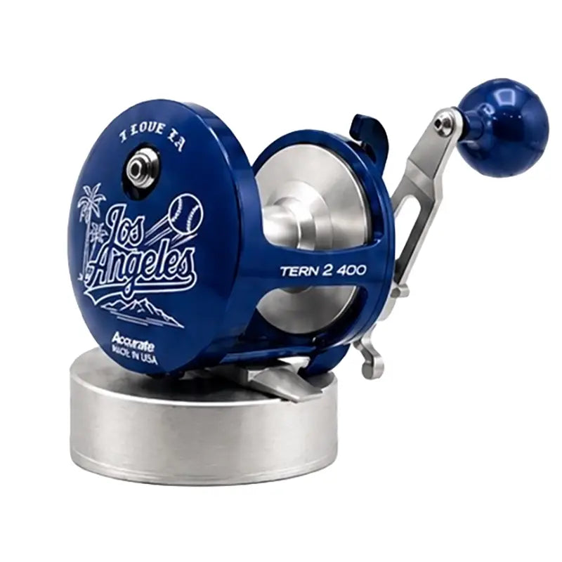 Side view of the Accurate Tern 2 400 Los Angeles Special Edition reel showing the handle and spool