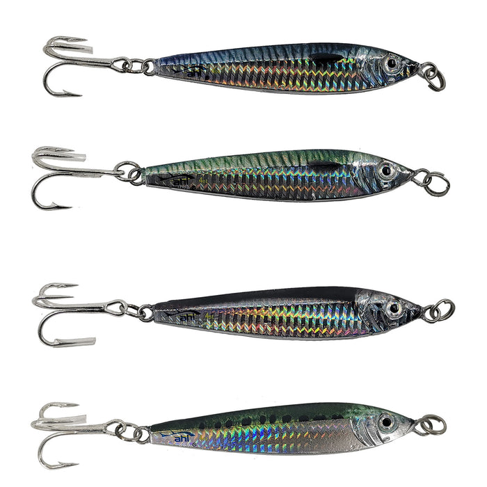 4 Ahi USA live deception flash jigs in blue mackerel, green mackerel, anchovy and sardine colors