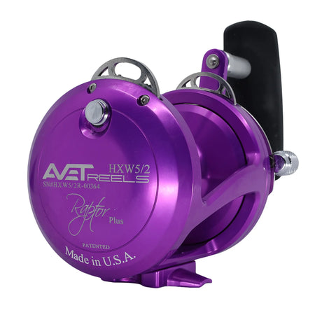 Avet HXW Raptor Plus 5/2 Two Speed Reels - Purple, left side plate