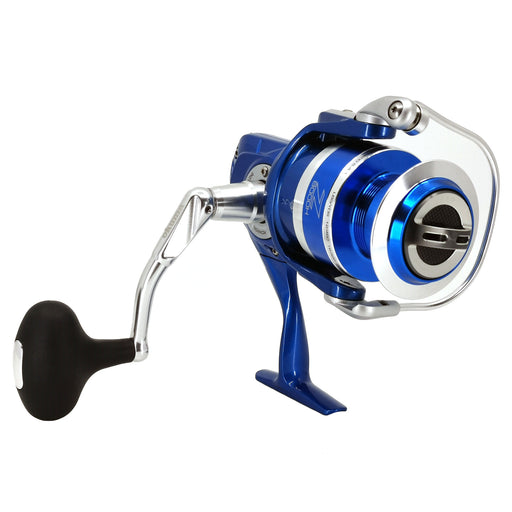 Okuma Azores JDM blue spinning reel front view