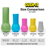 Cush-It size comparison chart by height: Big Game 9 1/2 in, tapered interior fits most rods; All Species 6 1/4 in, fits 3/4 to 1 1/4 in rod ends; Big Bass 4 in, fits 1 to 1 3/8 in; Elite Bass 4 in, fits 3/4 to 1 1/16 in; Elite Pro II 2 3/4 in, fits 3/4 to 1 1/4 in