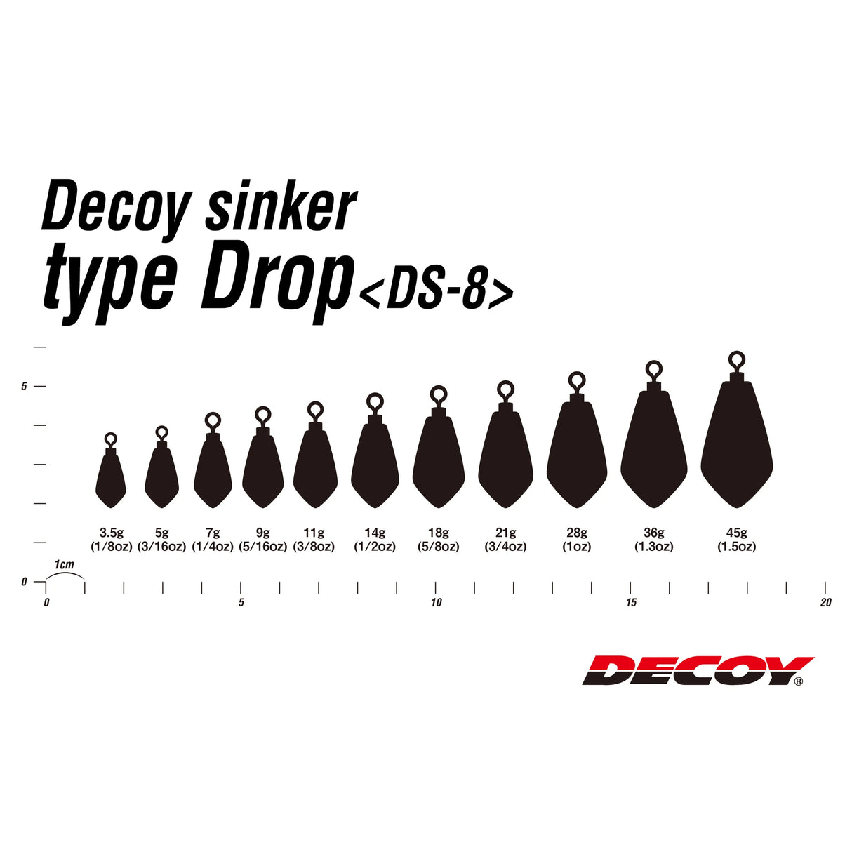 Decoy DS-8 size chart — 3.5 g to 45 g shown to scale with gram and ounce weights