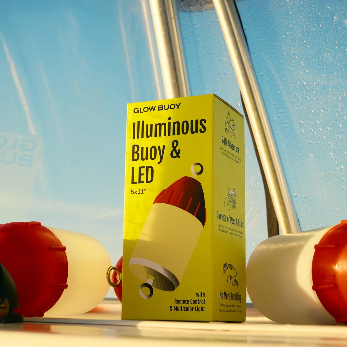 Glow Buoy LED floats on deck with the Illuminous Buoy and LED box