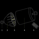 Glow Buoy parts: tie-off eye, finned LED cap, LED array, buoy body and remote