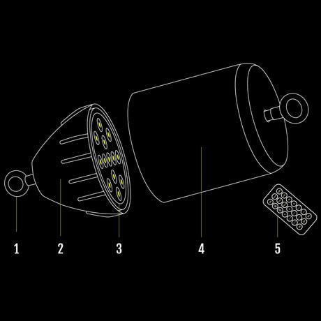 Glow Buoy parts: tie-off eye, finned LED cap, LED array, buoy body and remote