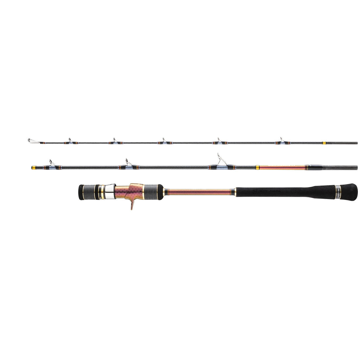 Hearty Rise Slow Jigging IV Travel rod broken down into its three sections next to the assembled butt section