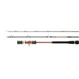 Hearty Rise Slow Jigging IV Travel rod broken down into its three sections next to the assembled butt section