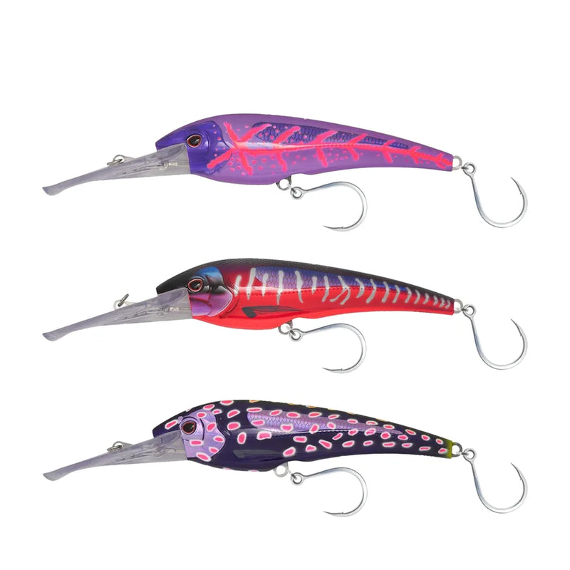 Nomad Design DTX 220 HD LRS Trolling Lures in Wahooligan, Hot Pink Mack and Nuclear Coral Trout