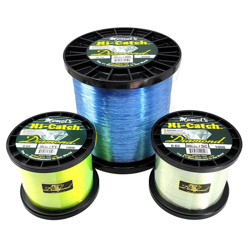 3 spools of Momoi Diamond monofilament in fluorescent yellow, brilliant blue and special clear colors