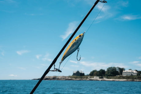 Nomad Design MadScad Auto Tune stickbait hanging from a rod tip on the water