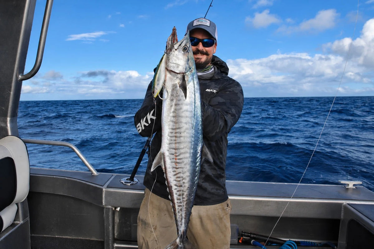 Angler holding a king mackerel caught on a Nomad Design MadScad Auto Tune stickbait