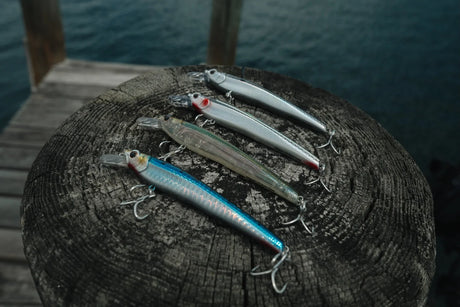 Nomad Design Shikari 115 jerkbaits in Black Back Chrome, Bleeding Mullet, Aqua Ghost and Sardine