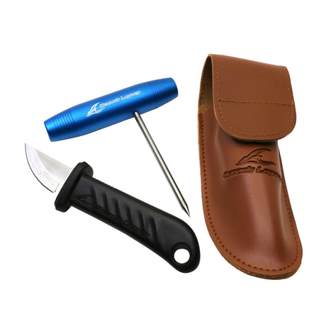 Oceans Legacy Ikejime Spiker Set in Blue — T-bar spike, bleed knife, and leather pouch
