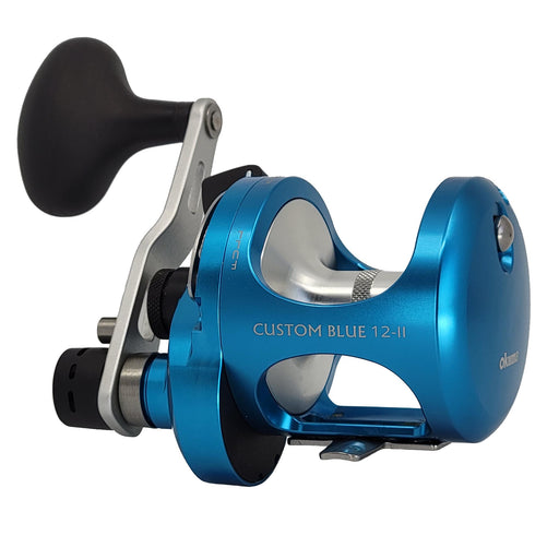 Okuma Custom Blue lever drag two speed fishing reel side view
