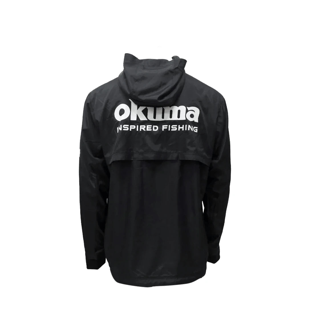 Okuma Zip Up Windbreaker 2024 — back view showing the vented panel and large Okuma Inspired Fishing logo