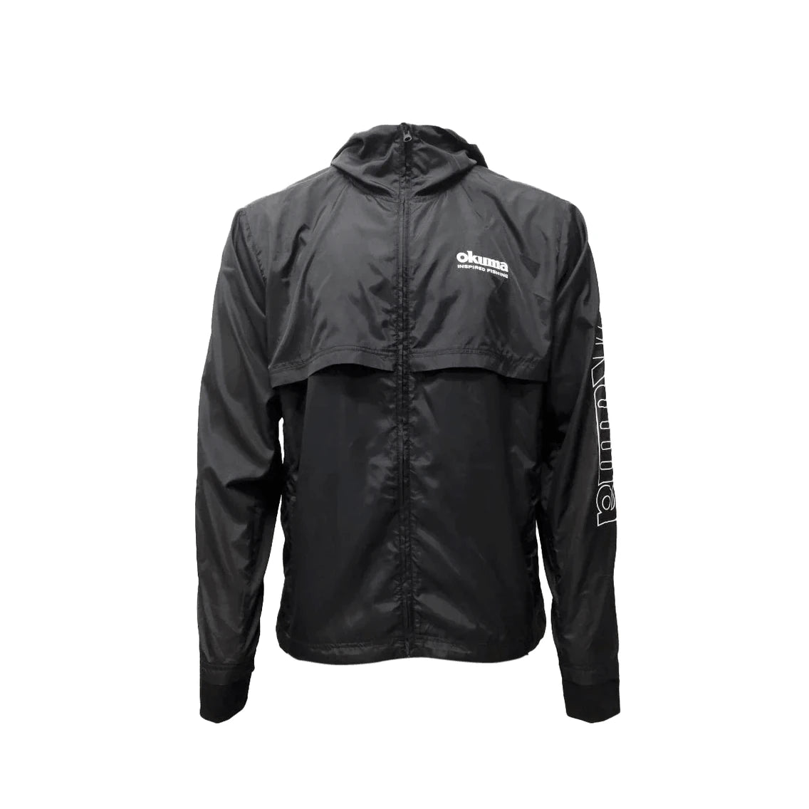 Okuma Zip Up Windbreaker 2024 in black — front view with full-length zip, hood and chest logo