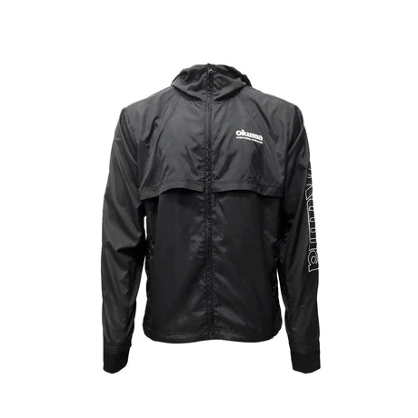 Okuma Zip Up Windbreaker 2024 in black — front view with full-length zip, hood and chest logo