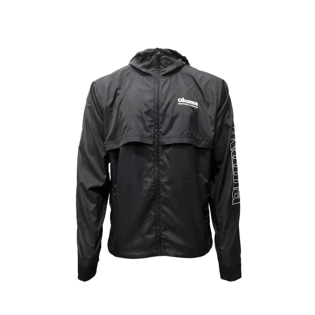 Okuma Zip Up Windbreaker 2024 in black — front view with full-length zip, hood and chest logo