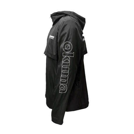 Okuma Zip Up Windbreaker 2024 — side view showing the full-length Okuma logo down the left sleeve