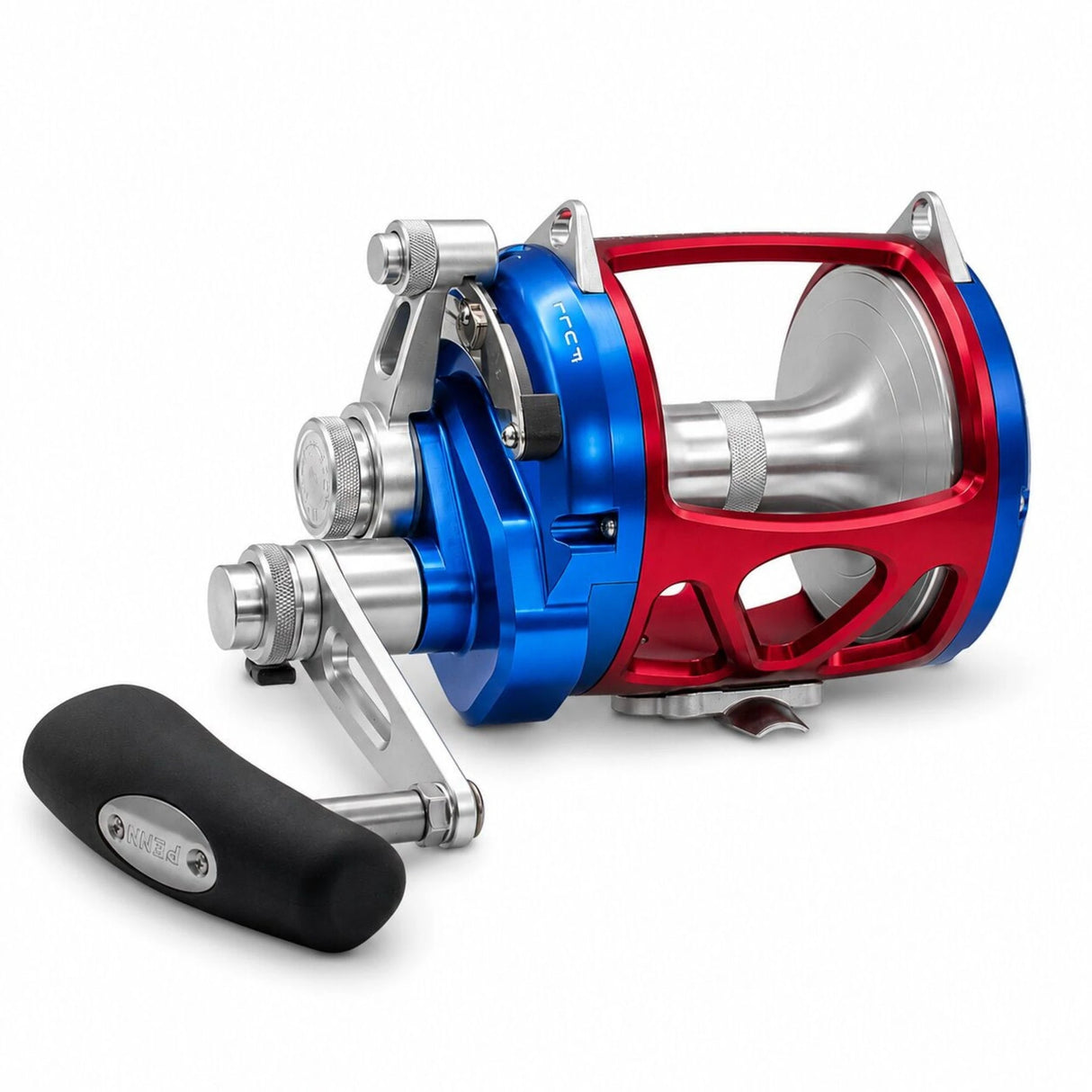 Penn International 50VISW 250th Anniversary reel in red, white and blue — three-quarter view