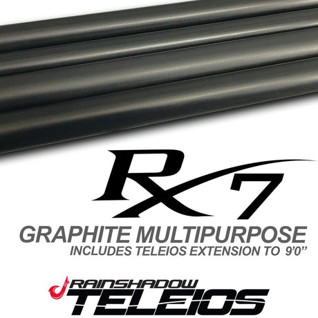 Rainshadow RX7 Teleios Multipurpose Saltwater Rod Blanks - series graphic with matte gray blanks