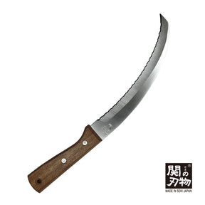 Sensho Serrated Tuna Cutter — curved serrated stainless gill-cutting knife with natural wood handle, made in Seki, Japan