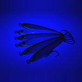 Bullit twitch baits showing the UV enhanced body under blacklight