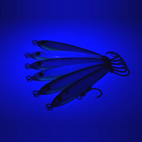 Bullit twitch baits showing the UV enhanced body under blacklight