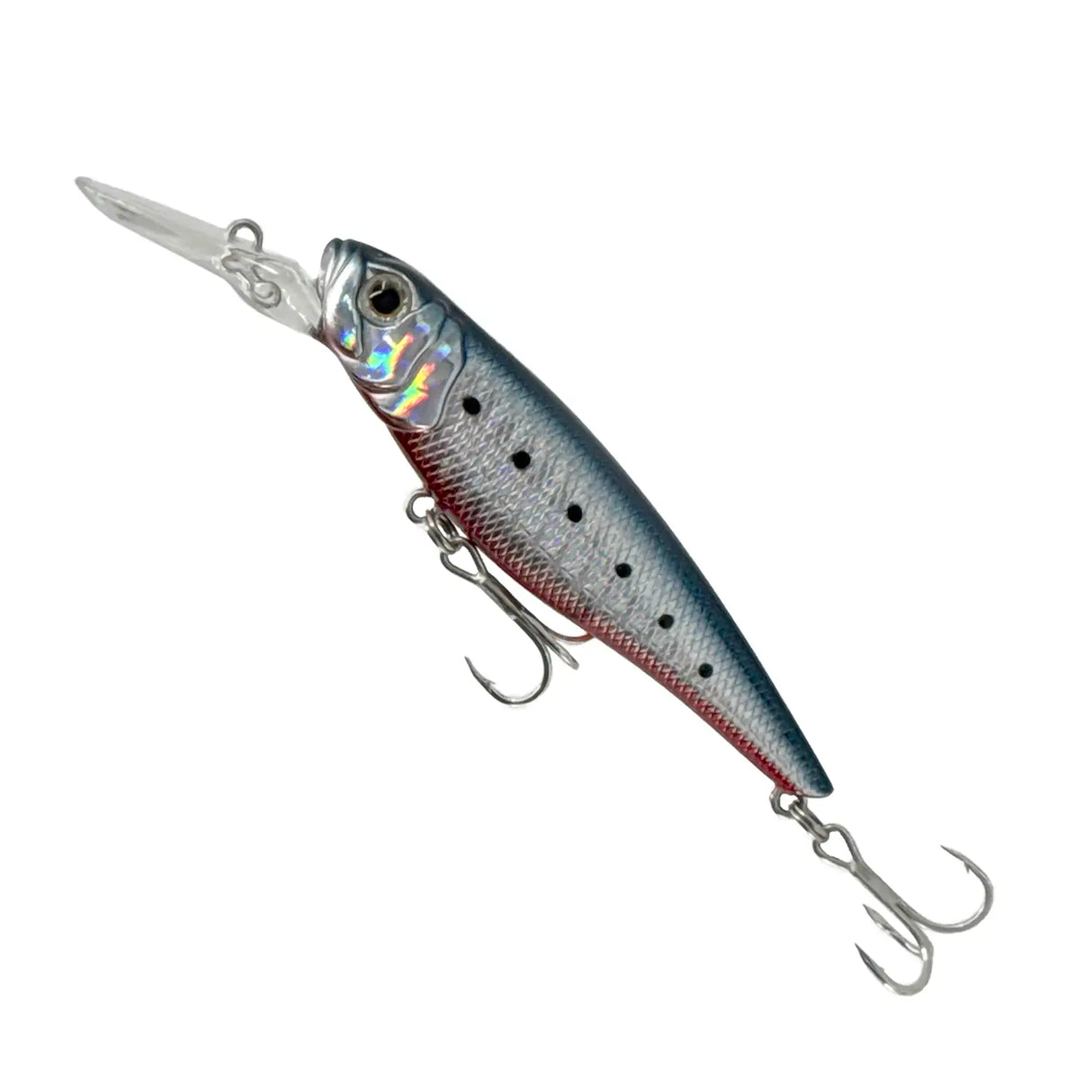 Fishing lure with a metallic finish on a white background