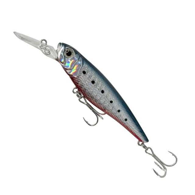 Fishing lure with a metallic finish on a white background