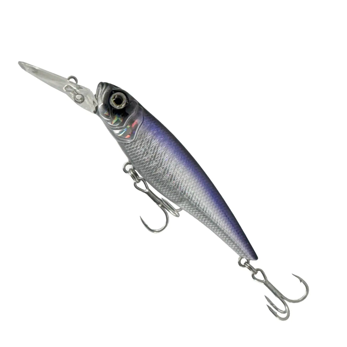 Fishing lure with a metallic finish on a white background
