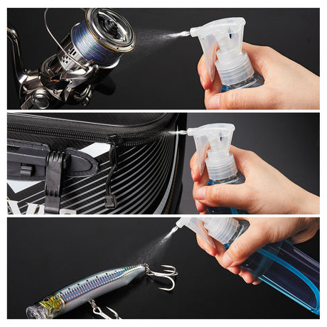 Varivas Salt Neutralizing Spray used on a reel, tackle bag zipper, and lure
