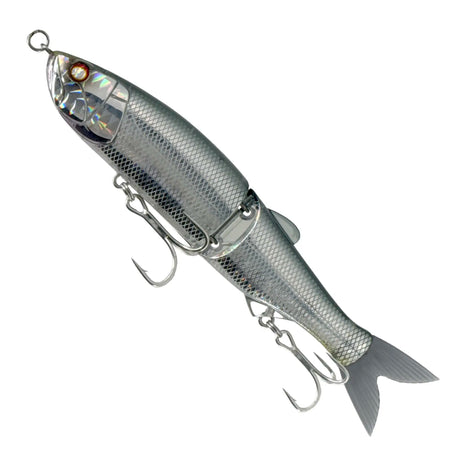 Fishing lure resembling a silver fish on a white background