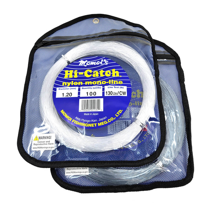 Momoi Hi Catch 100 yard monofilament fishing line leader coils clear on top of blue