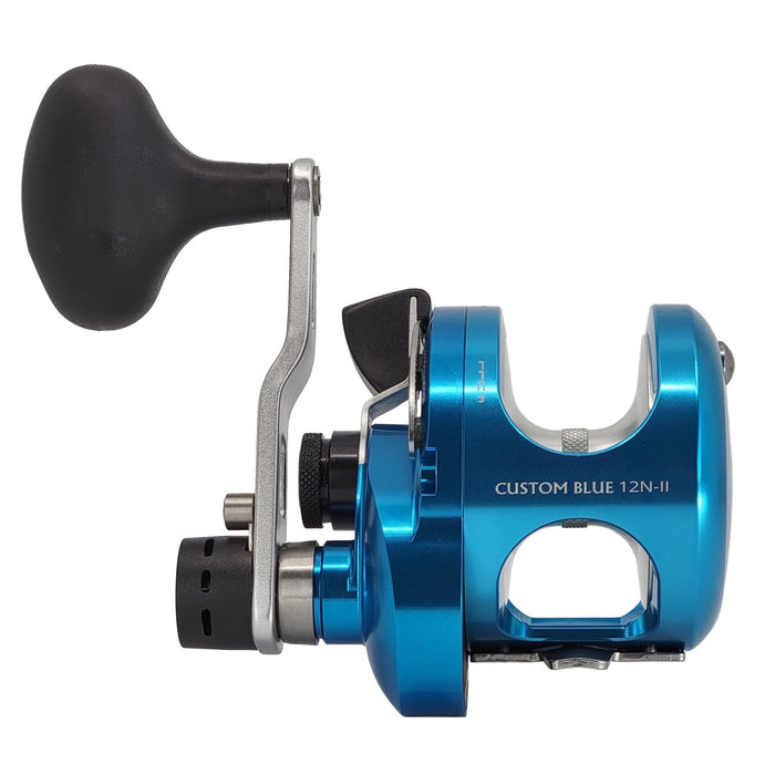 Okuma Custom Blue 12 narrow size lever drag two speed fishing reel front view