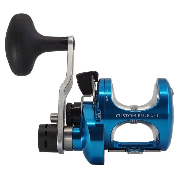 Okuma Custom Blue 5 size lever drag two speed fishing reel front view